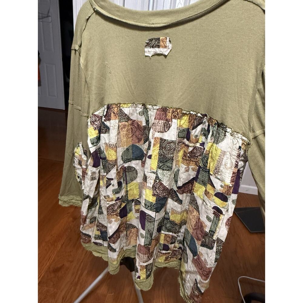 POL Green Patchwork Lace Trim Tunic Long Sleeve Women's Blouse S RUNS LARGE